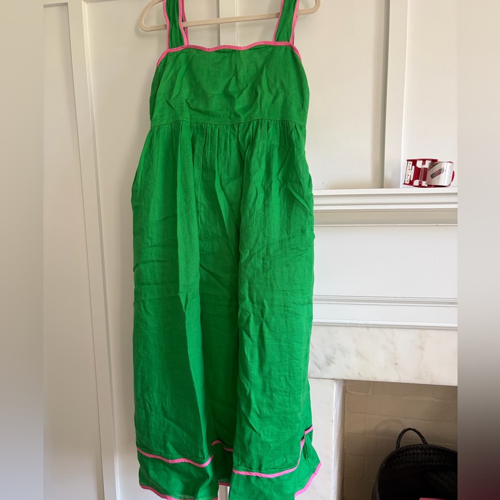 Pink City Prints Parrot Green Linen Sun Dress Pink Scalloped
Trim Small XS